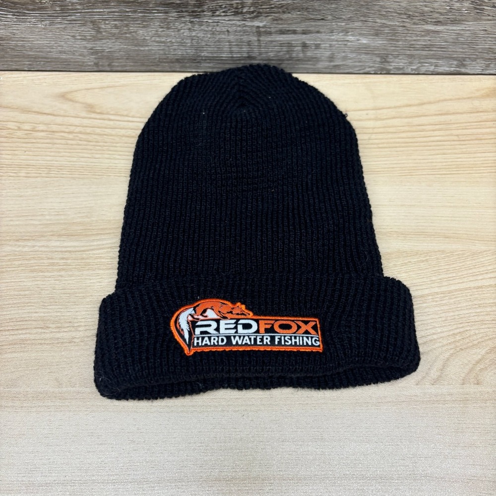 Red Fox Hard Water Fishing Hat Cap Beanie Black Ice Fishing Outdoors Winter Logo